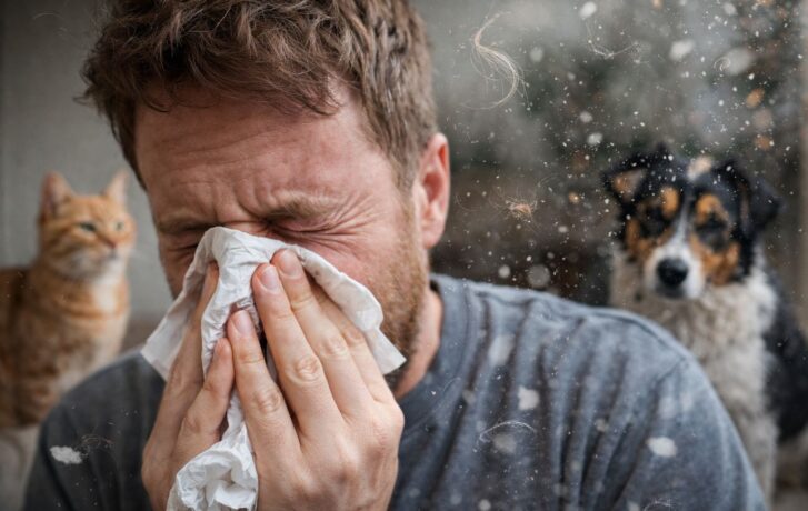 Allergico che starnutisce per il cane e il gatto.