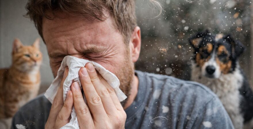 Allergico che starnutisce per il cane e il gatto.