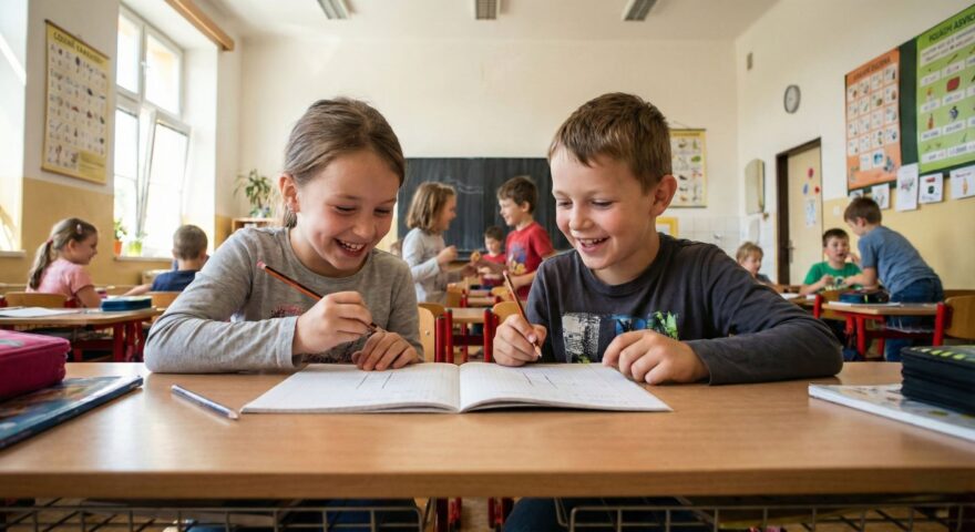 Bambini in classe in ambiente naturale dove costruiscono l'immunità.