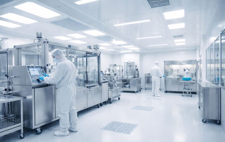 Persone che lavorano in laboratorio in ambiente sterile.