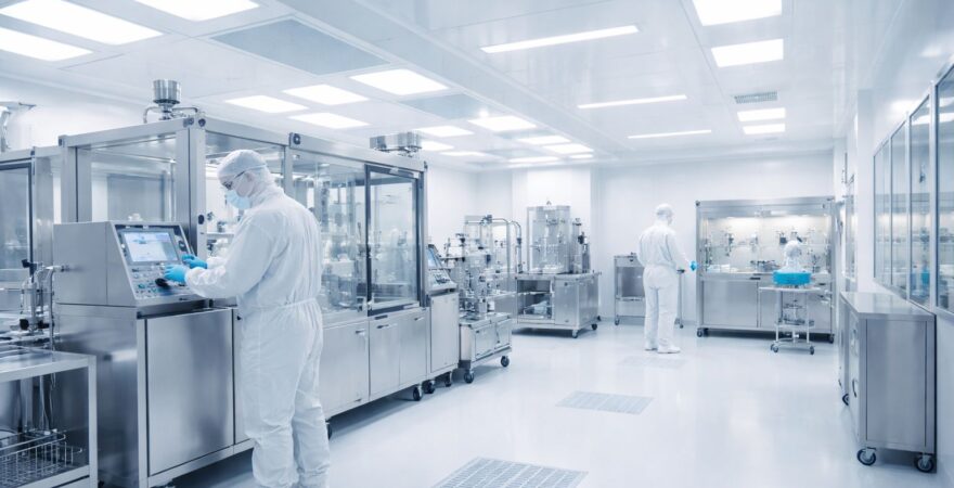 Persone che lavorano in laboratorio in ambiente sterile.